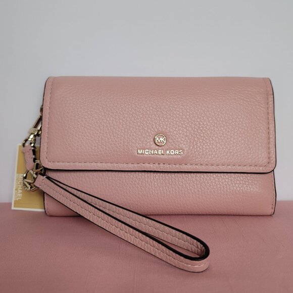 MICHAEL KORS Jet Set Charm Pebbled Leather Large Flap Phone Wristlet-S.Rose🎈$98 - Picture 1 of 16